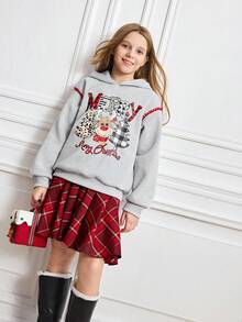 青少年女孩宽松落肩长袖圣诞树图案休闲连帽运动衫套装 - 灰色 - 查看 5