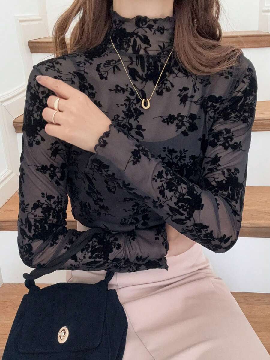 FRIFUL 女士时尚性感透视修身高领长袖上衣 - 黑色 - 查看 1