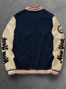 Manfinity Homme 男士休闲标语印花拼色长袖棒球领夹克，适合秋季，男士校队夹克，棒球夹克，纽约夹克 - 彩色 - 查看 2