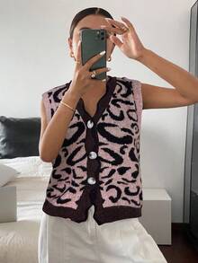 Siren Gaze Women's Casual Leopard Jacquard Knit Sweater Vest In Fall/Winter - Coffee Brown - View 7
