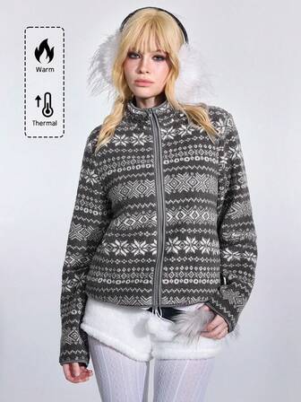 ROMWE Avant Chaqueta casual de mujer de manga larga con estampado jacquard de estilo fairisle