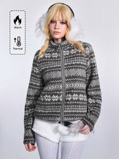 ROMWE Avant Fairisle Jacquard Fleece Casual Versatile Long Sleeve Women Jacket