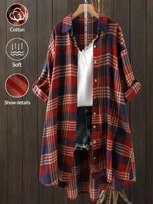 Linhara Áo sơ mi kẻ caro cỡ lớn cho nữ, dáng dài vừa, tay dài, thân trước ngắn, lưng sau ngắn, cổ tay áo thắt nơ, dáng rộng thoải mái, phong cách cổ điển, mùa xuân/thu - Nhiều màu - Xem 1