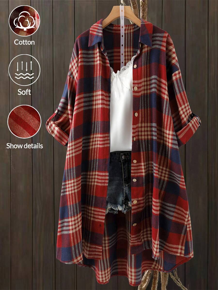 Linhara Áo sơ mi kẻ caro cỡ lớn cho nữ, dáng dài vừa, tay dài, thân trước ngắn, lưng sau ngắn, cổ tay áo thắt nơ, dáng rộng thoải mái, phong cách cổ điển, mùa xuân/thu - Nhiều màu - Xem 1