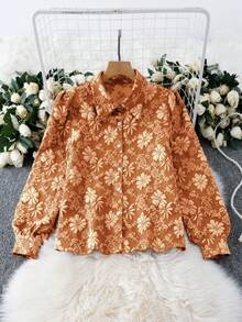 SHEIN Unity Kemeja Wanita Lengan Panjang Berkerah Bahan Jacquard Cokelat Karat Kasual untuk Perjalanan Sehari-hari Modis Elegan Bergaya Retro - Rust Brown - View 3