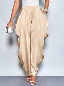 SOLERSUN Women's Elegant Fashion Loose Champagne Pleated Pocket Satin Pants, Suitable For Afternoon Tea, Gathering, Fashionable Outing, Dating, Sweet Outing, Night Out, Christmas Party, New Year's Eve, Holiday, Sexy Women's, Club,Suitable For Christmas Party Vacation & Valentine's Day Dating - Apricot - View 4