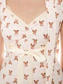 ROMWE Kawaii Women's Summer Fashion Bear Print Chest Ruched Contrast Lace T-Shirt - Apricot - View 2