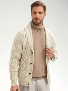 Manfinity Homme 男士披肩领麻花针织开衫，纽扣前开襟，适合秋冬季节，长袖上衣 - 杏色 - 查看 6