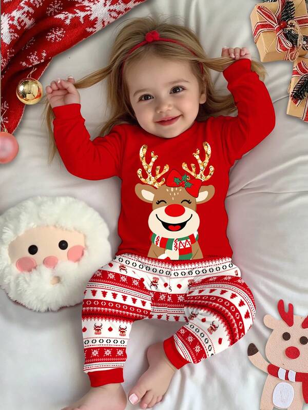 SHEIN Pijama de niña bebé con diseño navideño de reno de dibujos animados, flores geométricas navideñas y estampado Fair Isle rojo festivo, de estilo casual minimalista y cómodo de manga larga y pantalones, adecuado para otoño/invierno, a juego con la familia