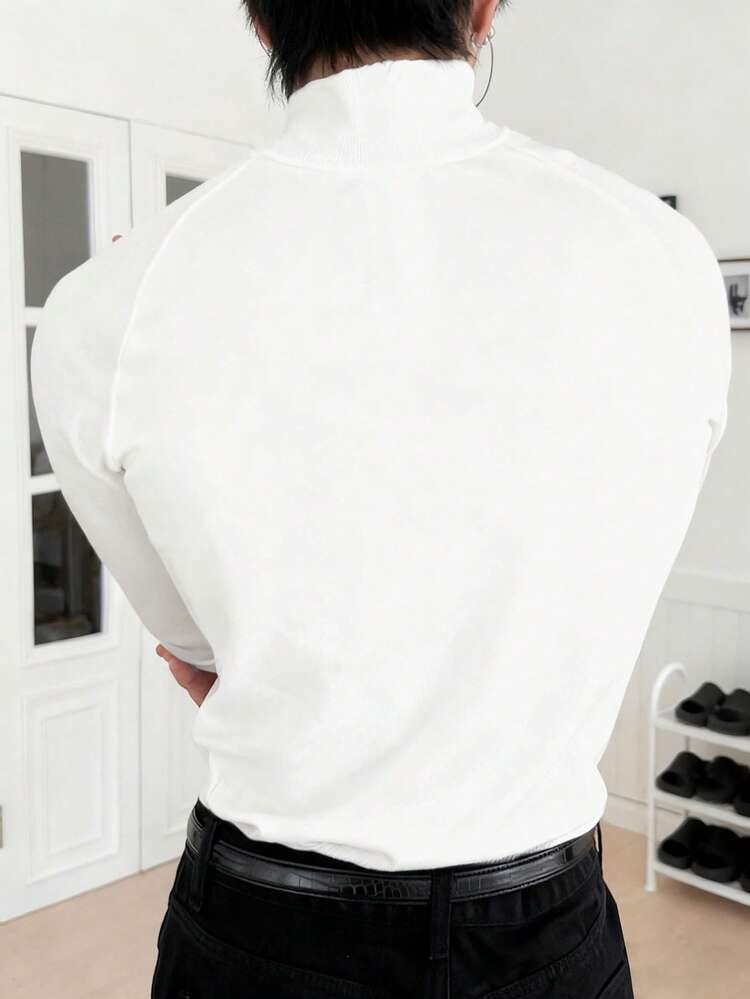 Men's Letter Embroidered White Raglan Sleeve Slim Fit Long Sleeve T-Shirt, Autumn Quarter Zip Men