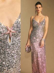 Poéselle 女式纯色亮片金属海星装饰修身优雅吊带背心连衣裙 - 粉色 - 查看 2