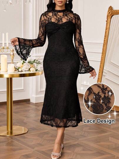 SHEIN Lady Women's Elegant Contrast Lace Fishtail Hem Bell Sleeve Midi Dress, Autumn
