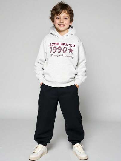 JNSQ 青少年男孩服装，男孩套装，秋季返校季男孩宽松图案印花长袖连帽衫搭配休闲运动裤两件套，适合秋冬日常穿着、户外活动、度假、街头服饰、派对和休闲