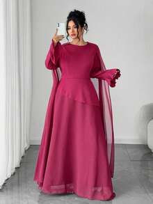 SHEIN Tall CURVE Vestido elegante de estilo vintage francés con estilo chic del Medio Oriente para mujer de talla grande, con cintura ajustable, mangas acampanadas y hombros drapeados, adecuado para fiestas, ropa de mujer de otoño/invierno, fiesta de club, elegante, vestidos formales de mujer, vestido de noche - Burdeos - Ver 4