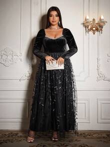 Flirla 优雅性感公主风复古珍珠亮片网纱天鹅绒派对舞会长裙，修身A字廓形，大码女装，秋冬款 - 黑色 - 查看 6