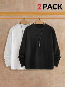 Manfinity NXTstreet 2件装男士纹理休闲长袖T恤，适合日常穿着，男士毛衣上衣，休闲上衣，男士长袖针织衫，秋季服装 - 彩色 - 查看 1