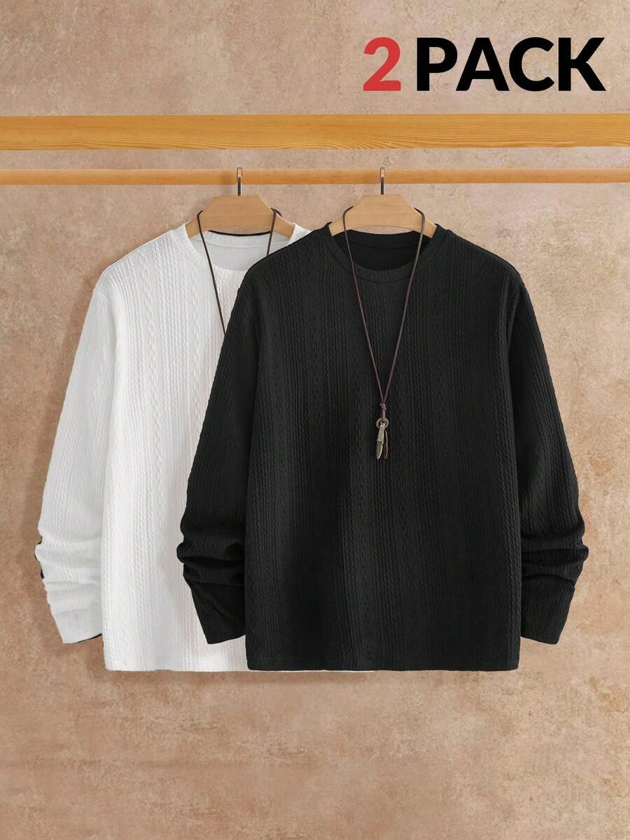 Manfinity NXTstreet 2件装男士纹理休闲长袖T恤，适合日常穿着，男士毛衣上衣，休闲上衣，男士长袖针织衫，秋季服装 - 彩色 - 查看 1