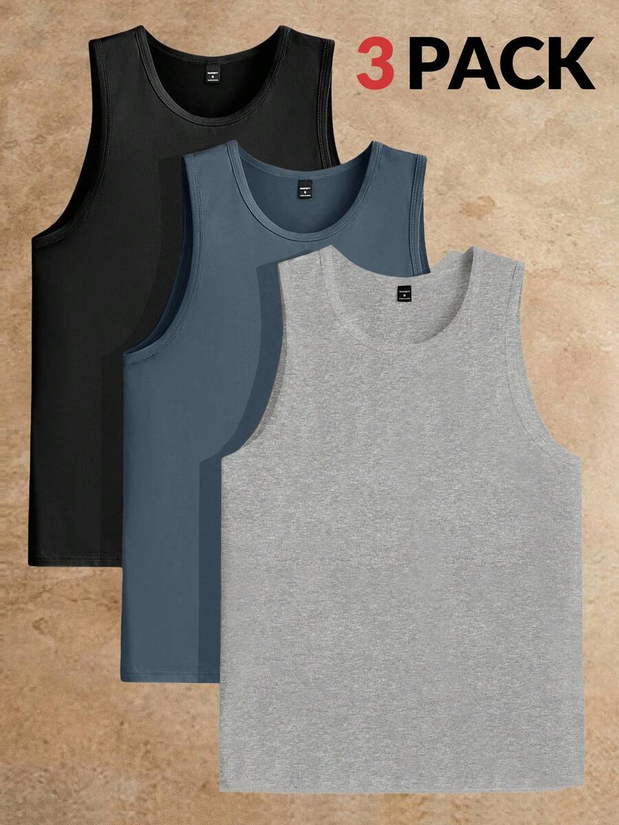 Manfinity VCAY 男士针织休闲上衣3件装，适合日常穿着，男士背心套装，男士无袖上衣，男士基础款背心 - 彩色 - 查看 1