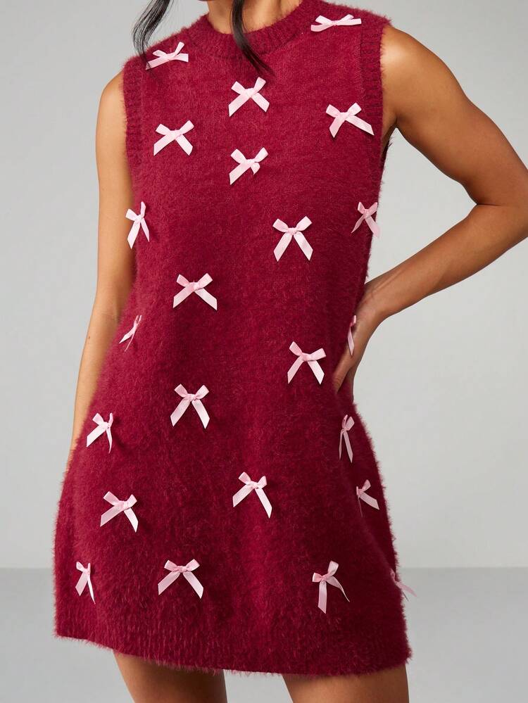 MISSGUIDED Christmas Burgundy Sleeveless Knitted Mini Dress With White Bow Appliques Cozy Chunky Knit Winter Holiday Sweater Dress Christmas