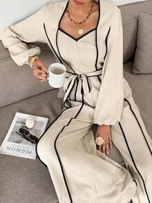 SHEIN Frenchy Herbst-Winter 2025 Damen Mode Lässiger Kontrast-Farbakzent Jumpsuit, Langarm Jumpsuit für Frauen, Damen Jumpsuits, Kontrast-Farbakzent Jumpsuit, Leinen Jumpsuits, Taillengürtel Jumpsuit, Eleganter Jumpsuit für Frauen, Brunch Outfit, Winteroutfits für Frauen, Stilvolle Bekleidungskollektion, Französischer Stil Kleidung, Silvester Outfit, Weihnachten, Thanksgiving Outfit für Frauen, Lässiges Outfit für Frauen, Vintage, Minimalistisch, Pendler, Büro, Perfekt für den Alltag - Aprikosenfarben - Übersicht 7