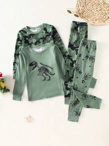 Young Boys Pajamas-Pajama Set Crew Neck Long Sleeve Top Long Pants Dinosaur Fossil Camo Print Stylish Army Green Lightweight Comfortable Cute Homewear All Season 2026 New Year Essential Snug Fit - Green - View 4