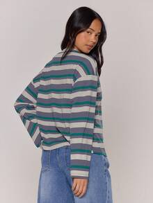 MUSERA 长袖条纹四分之一扣宽松T恤，秋季复古乡村风休闲居家上衣，女款，奶油糖色，假日春夏 - 彩色 - 查看 5