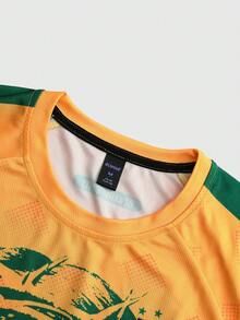 ROMWE MEN Prep 男士插肩袖圆领休闲创意人像图案百搭夏季足球印花短袖T恤 - 黃色 - 查看 5