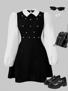 1 件休闲学院风黑色针织毛绒条纹拼接白色宽松长袖连衣裙，适合少女，高领套头衫设计带珍珠装饰，适合户外、室内、派对、通勤、春秋季 - 黑色 - 查看 8