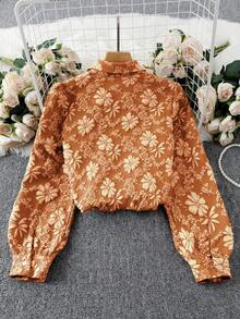 SHEIN Unity Kemeja Wanita Lengan Panjang Berkerah Bahan Jacquard Cokelat Karat Kasual untuk Perjalanan Sehari-hari Modis Elegan Bergaya Retro - Rust Brown - View 2