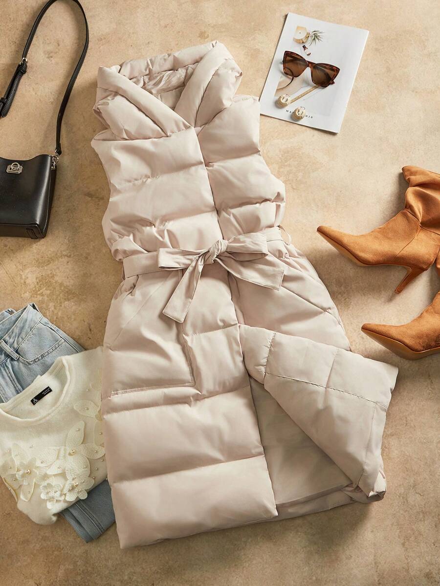 Anewsta Thick Quilted Sleeveless Cinched Waist Vest Jacket For Women - Beige - View 1