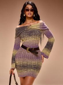 Radiana Metal Buckle Decor Off Shoulder Flare Sleeve Jacquard Knit Sweater Dress, Regular Fit, Autumn/Winter Buzz Light Year;كنزات شتوية نسائي;Red Violet - Multicolor - View 4