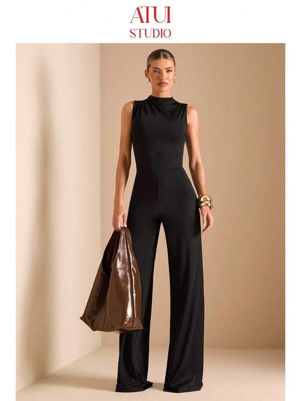 ATUI Studio Schwarz eleganter, sexy gerüschter ärmelloser extra langer weiter Jumpsuit für Frühling & Sommer, passend für den täglichen Gebrauch, Dates, Ausgehen, Partys, asymmetrischer weiter Beinschlitz, Valentinstag Jumpsuit, Alltagsjumpsuit, eleganter Jumpsuit