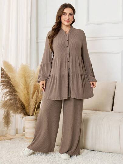 Lacomfia Plus Size Women Spring/Autumn Casual Daily Commute Simple Versatile Solid Color Ribbed Lantern Sleeve Tiered Ruffle Hem Top And Wide Leg Pants 2 Piece Set