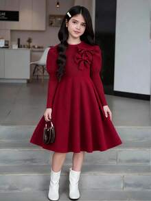 Sparklyn Girls' Elegant Sweet Designbowknott Decor Textured Knit Long Sleeve Dress, Suitable For Daily Gatherings - Burgundy - View 1