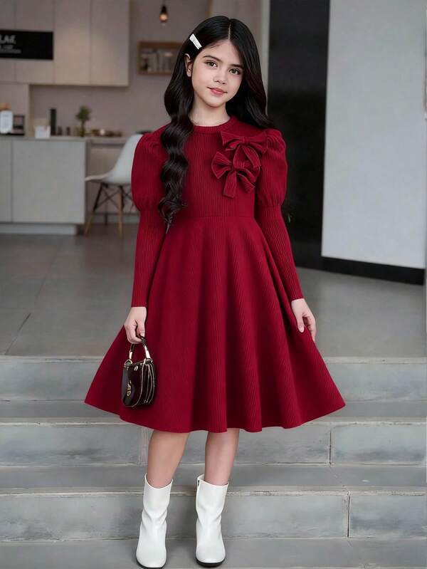 Sparklyn Girls' Elegant Sweet Designbowknott Decor Textured Knit Long Sleeve Dress, Suitable For Daily Gatherings