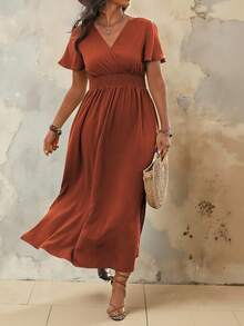 Roveilla 大码V领荷叶边袖系腰褶裥开衩下摆连衣裙长款女装