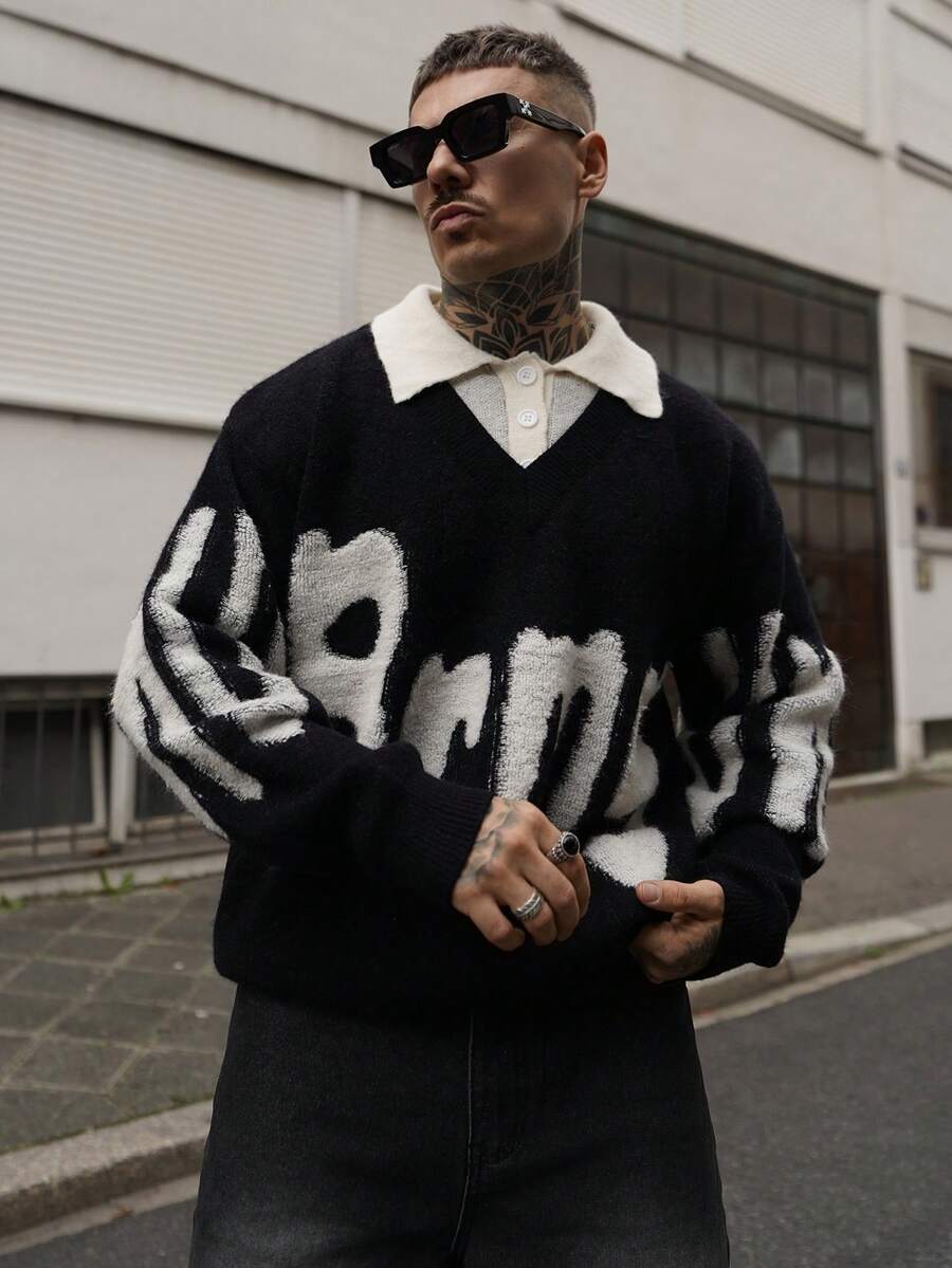 Artur Kramer 男式学院风拼布领套头衫，秋季和春季，垃圾摇滚风格 - 黑色 - 查看 1