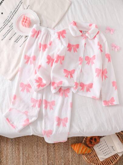 Girls' Plush Bow Pattern Long Sleeve Pajama Set Cute Bow Pajamas For Girls Bow Clothes For Girls Matching Pajama Set Bows For Kids 2pcs Set Toddler Girls Girls Vintage Style