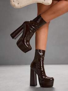 CUCCOO SZL Giày bốt cổ ngắn màu cà phê, mũi vuông, gót dày, chống thấm nước, đế platform, co giãn, thời trang tối giản dành cho nữ, thích hợp cho tiệc tùng, liên hoan và các buổi họp mặt dịp Giáng sinh. - Cà phê nâu - Xem 5