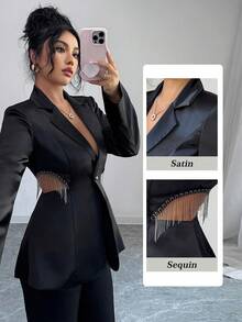 Rafferiza Autumn/Winter Fashion Birthday Party Evening Elegant Metal Tassel Hollow Out Waist Padded Shoulder Women Jacket - Black - View 1