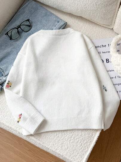 SHEIN White Autumn Back-To-School Cute School Pumpkin Jacquard Knit Pullover Sweater, Versatile Embroidered Tween Girl Jumper Tween Girl Clothes