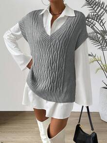 Chiquease Áo len chui đầu cổ chữ V màu trơn thường ngày cho nữ, mùa thu - Xám - Xem 3