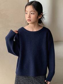 DAZY Tween Mädchen Pullover mit Rundhalsausschnitt und Schleifen-Dekor, Herbst - marineblau - Übersicht 3