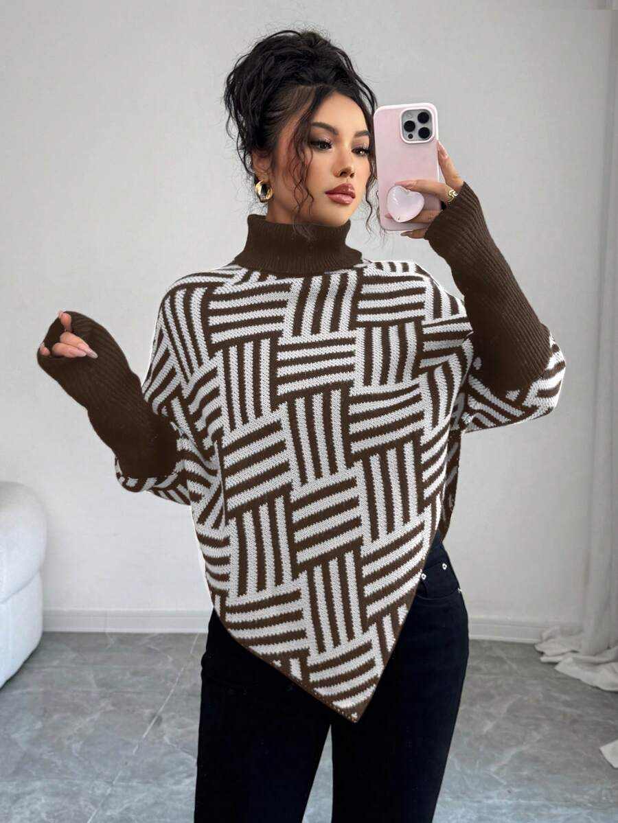 Elenzga Women's Elegant High Neck Geometric Textured Poncho Sweater, Colorblock, Suitable For Home & Travel, Spring/Autumn - Coffee Brown - View 1