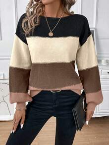SHEIN LUNE Áo len dệt kim dáng rộng trễ vai màu tương phản, thường ngày đi làm cho nữ, mùa thu/đông - Màu Khaki - Xem 5