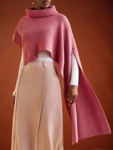 Zivah 冬季新款，圣诞节，新年，婚礼季，情人节，生日派对，毕业季，日常出行，基础款，百搭款，休闲度假，邮轮旅行，休闲优雅，通勤，街头欧式风，简约风，女士假日，高领，不规则袖，长款罩衫，斗篷袖，粉色羊毛套头衫，女士毛衣 - 紅木色 - 查看 1