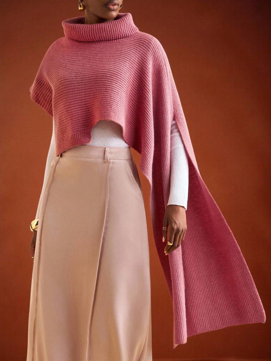 Zivah 冬季新款，圣诞节，新年，婚礼季，情人节，生日派对，毕业季，日常出行，基础款，百搭款，休闲度假，邮轮旅行，休闲优雅，通勤，街头欧式风，简约风，女士假日，高领，不规则袖，长款罩衫，斗篷袖，粉色羊毛套头衫，女士毛衣 - 紅木色 - 查看 1