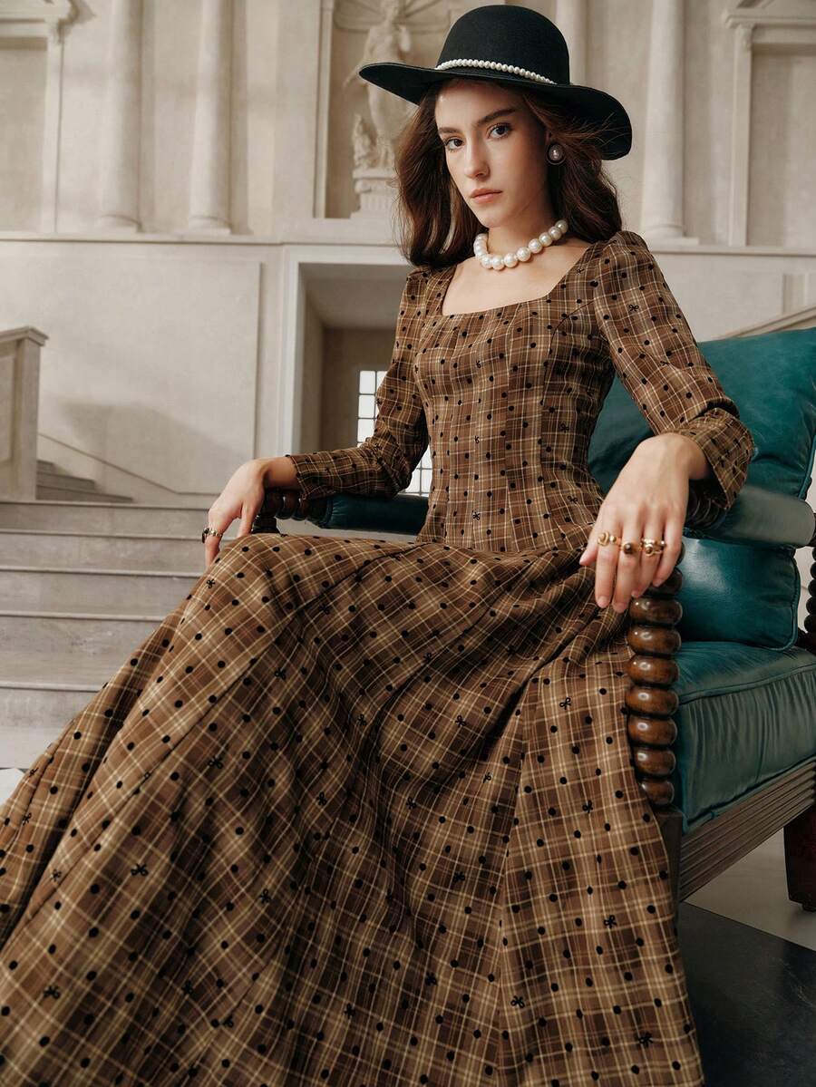 Anewsta Savoree Vestido elegante y vintage con mangas abullonadas a lunares y cuadros, adecuado para otoño, invierno, Año Nuevo, fiestas, bodas - Marrón - Ver 1