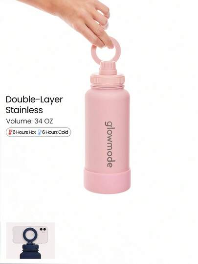GLOWMODE 1L Botella de agua de acero inoxidable de doble capa con asa de bucle, soporte magnético para teléfono y base antideslizante, para uso diario, oficina y actividades