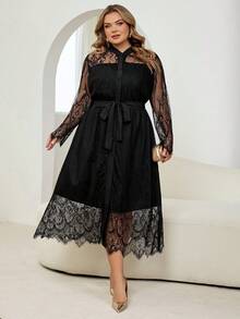 SHEIN CURVE+ 秋冬季优雅职场黑色针织蕾丝立领喇叭形撞色蕾丝长袖大码连衣裙 - 黑色 - 查看 7